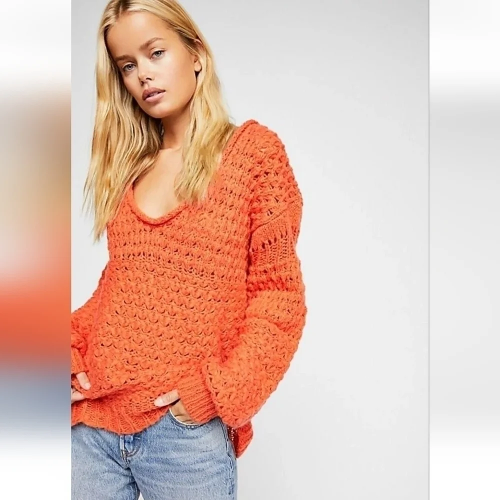 Free People Crashing Waves Pullover Sweater Womens Large Orange Knit Round Neck